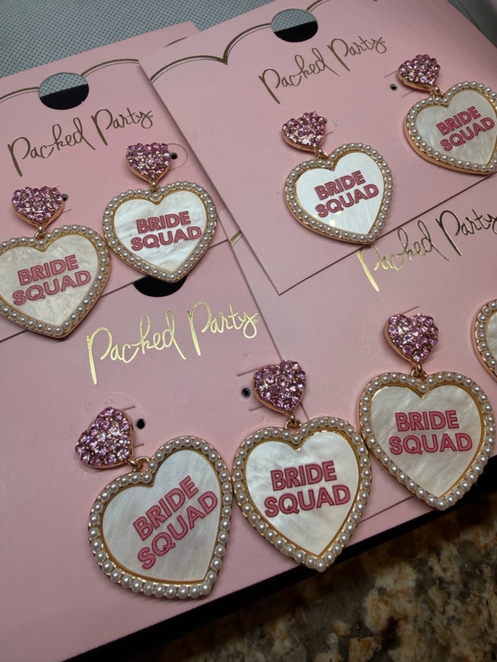 NWT Lot of (4) Packed Party Pink Bride Squad Heart Drop Earrings